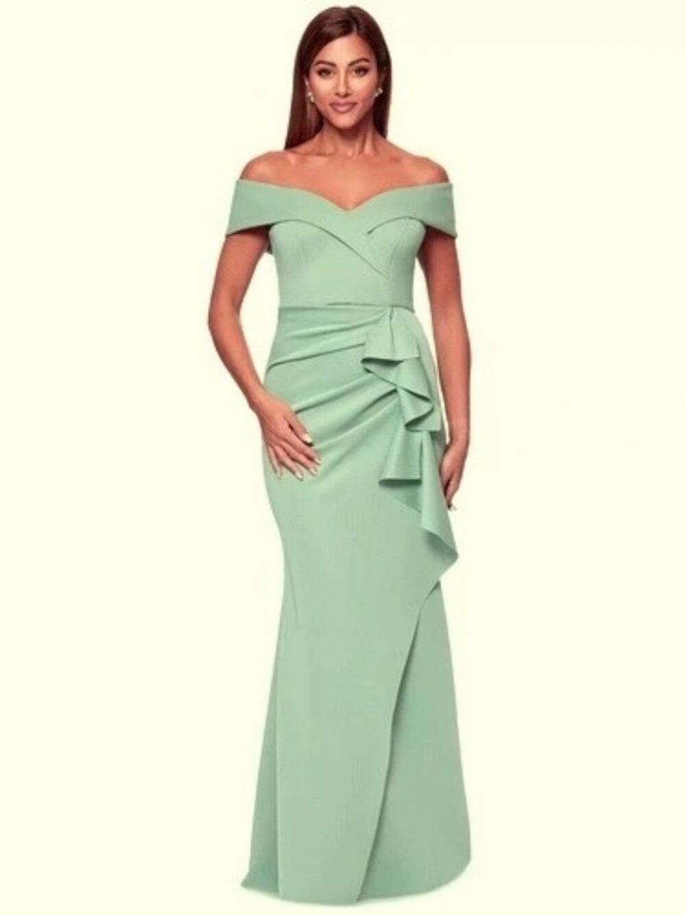 Xscape Sage Green Off the Shoulder Side Ruffle Evening Gown
